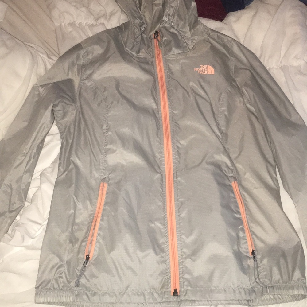 Grey and Peach North Face Rain Jacket